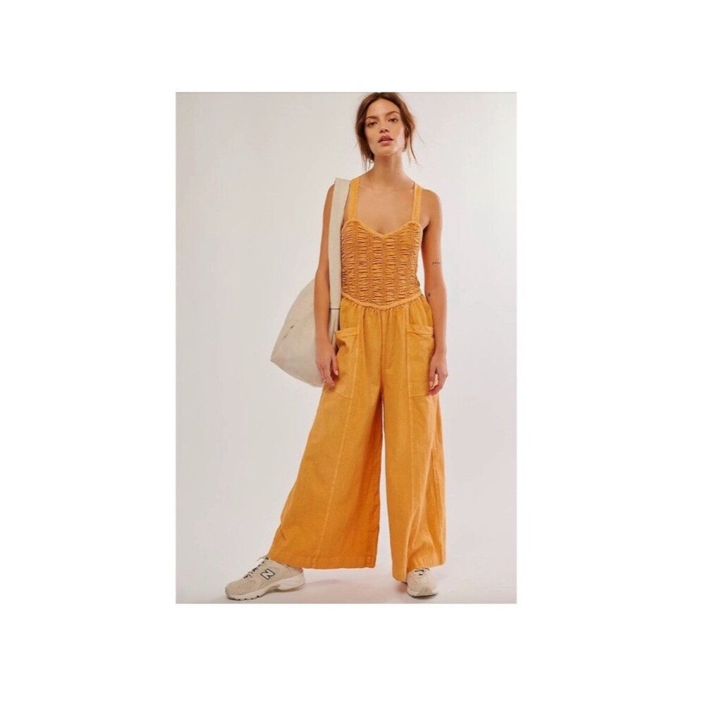 Free People Forever And Always Ruched One Piece Wide Leg Jumpsuit Size XL NWOT